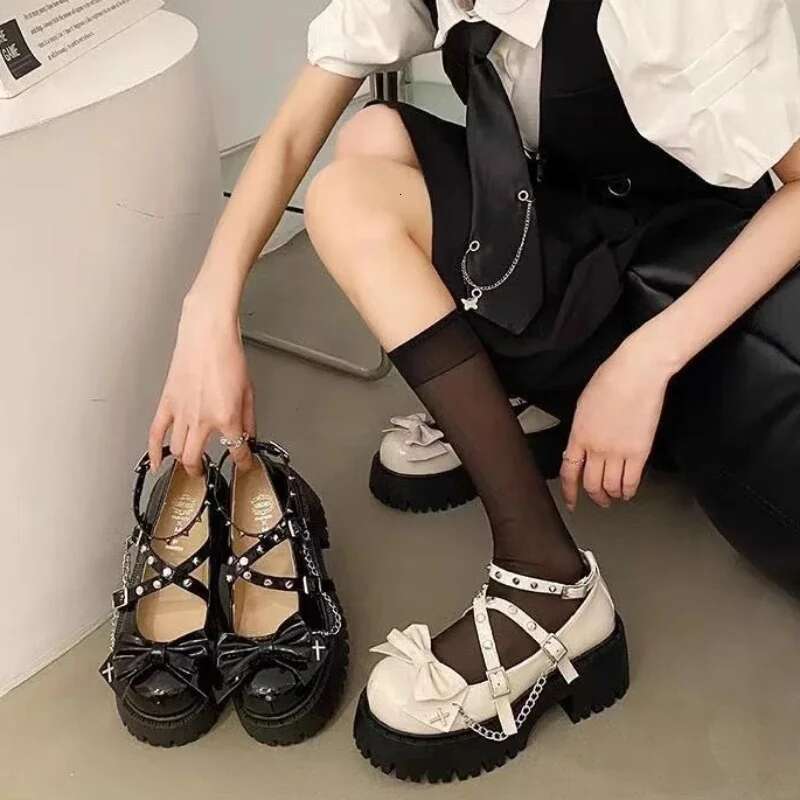 2025 Summer New Women's Shoes Ankle Strap Women's Designer Fashion High Heels Leather Bow Gothic Thick Heel