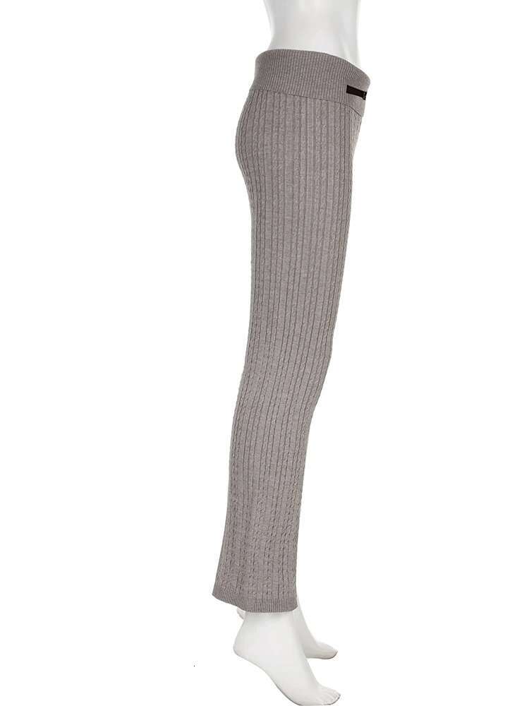 IAMSURE Casual Basic Knitted Flares Autumn Winter Slim Solid Turn-Down Waist Low-Waisted Pants Women Fashion Streetwear