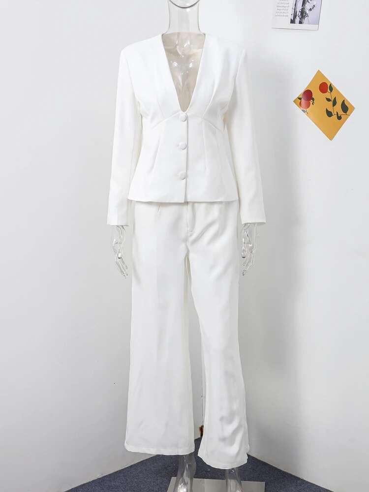 Elegant Suit Blazer Coat Sets Women Single Breasted Slim Deep V-neck Office Jacket Wide Leg Trousers Suits Lady 2 Pieces Outfits