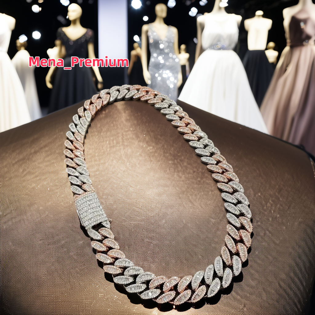 20 MM Iced Out Moissanite Baguette Round Diamond Studded Cuban Link Hip Hop Style Miami Cuban Chain for Men Women Gift Idea