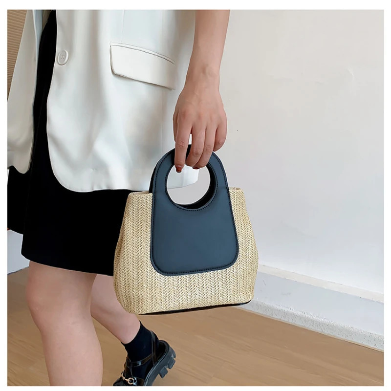 Summer Vintage Straw Bag with Color Block Splicing Hand-Woven Bag Large Capacity Simple and Fashionable Top-Handle Bag Handbag 250325