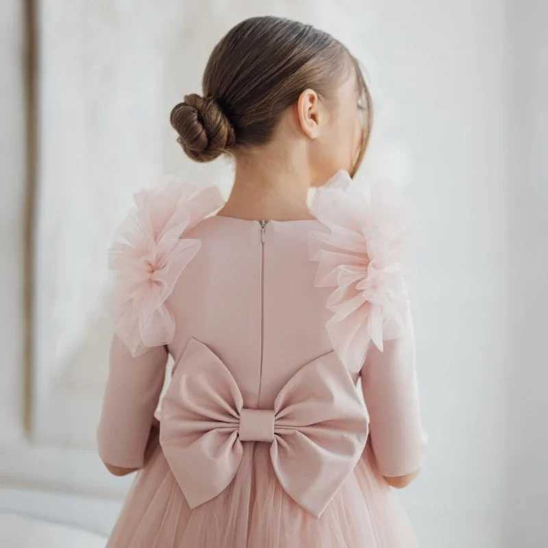 Customized light pink floral girl dress with thin gauze and half sleeves with bow tie suitable for weddings birthdays parties banquets and princess dr
