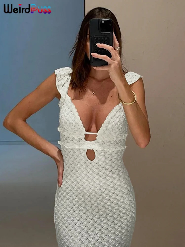 Weird Puss Double Deck Dress Woman Hollow Ruffles Summer Backless Straps Solid Lace Tierred Chic Elegant Party Skinny Vestidos 250325