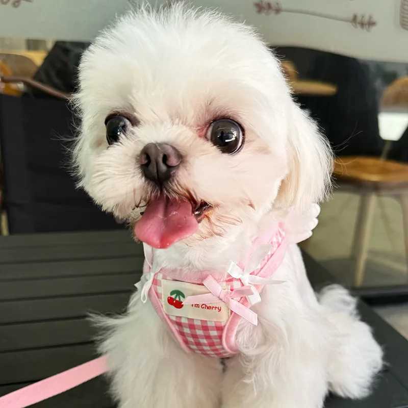 New plain pet dog harness set with pink checkered angel wings decoration dog chest traction small dog accessories X250326