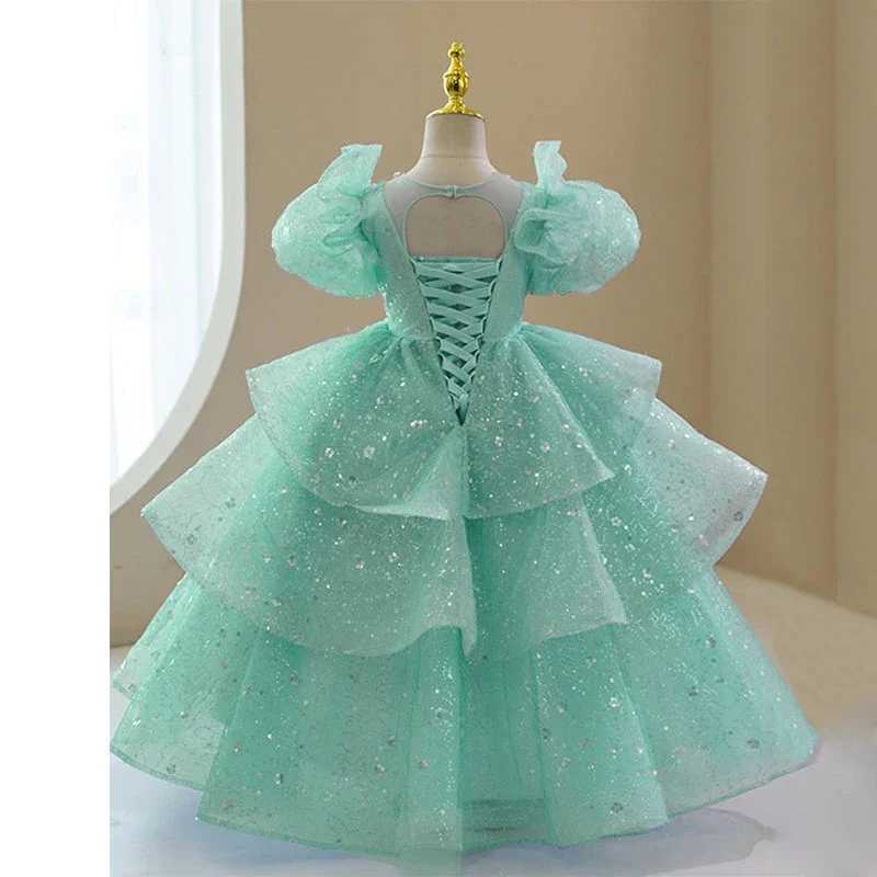 Fluffy sleeve flower girl wedding dress used for weddings children beads pleated chiffon princess Pagine dress sparkling first piece of Communion Par 