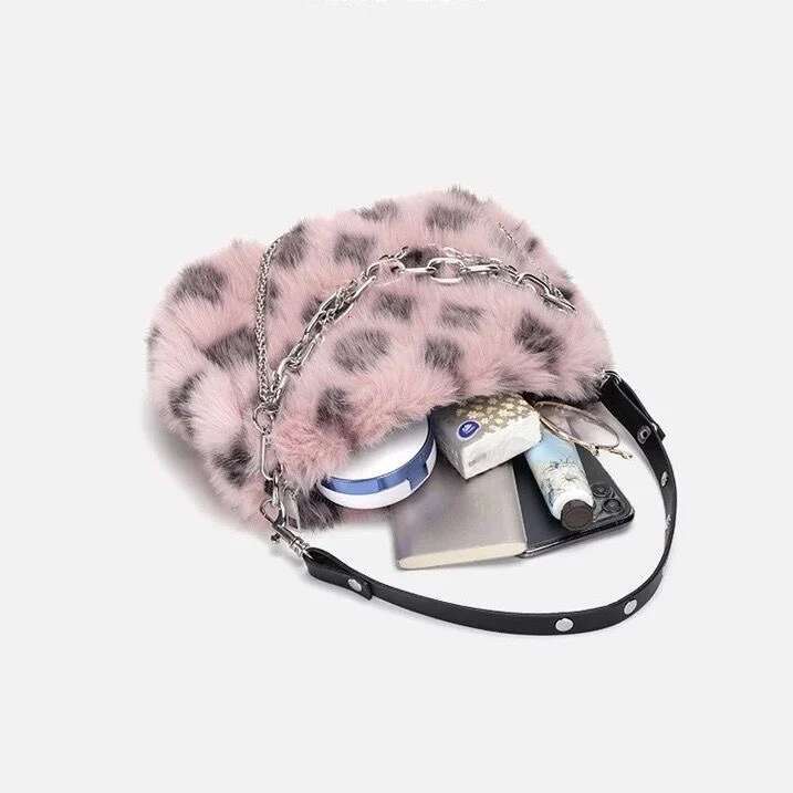 New Faux Fur Shoulder Bag Women's Autumn Winter Chain Handbags Ladies Leopard Print Clutch Purses Fluffy Top Handle Bags
