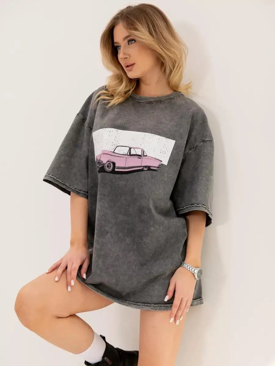 Pure cotton womens T-shirt with pink planet print top loose O-neck oversized T-shirt Y2k womens clothing retro short sleeved 250321