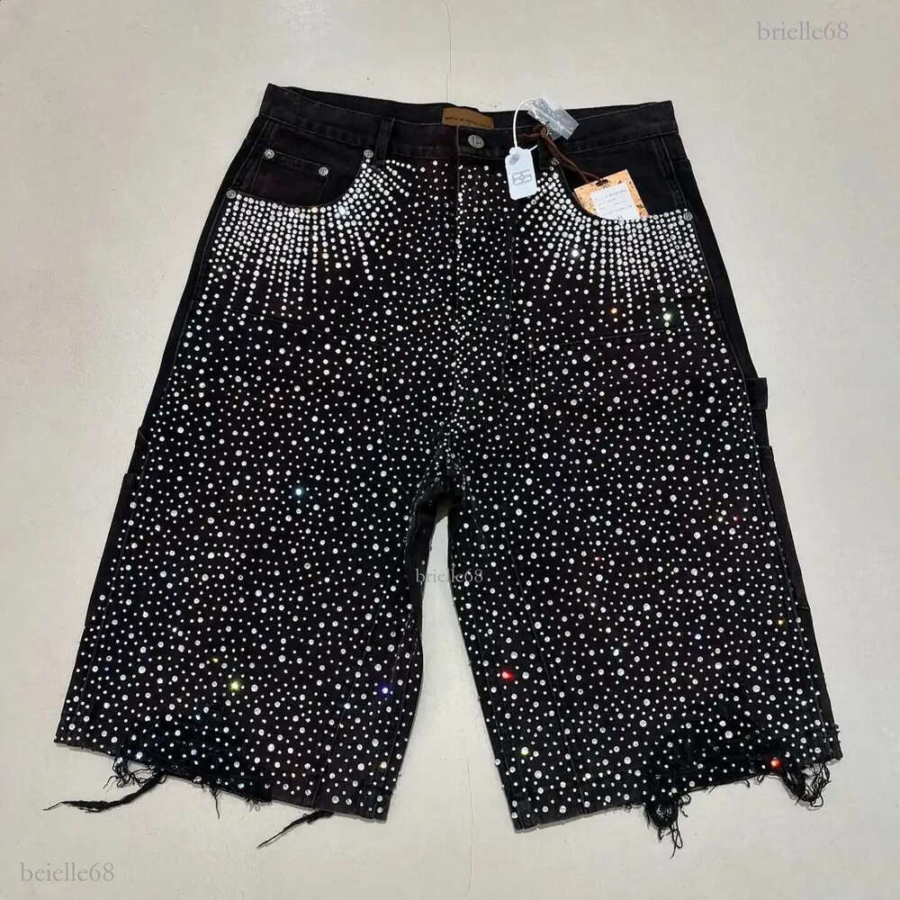 Streetwear Mens Vintage Rhinestone Sequin Denim Shorts Y2K Jeans Hip Hop Baggy Denim Gym Shorts Casual Shorts 250305