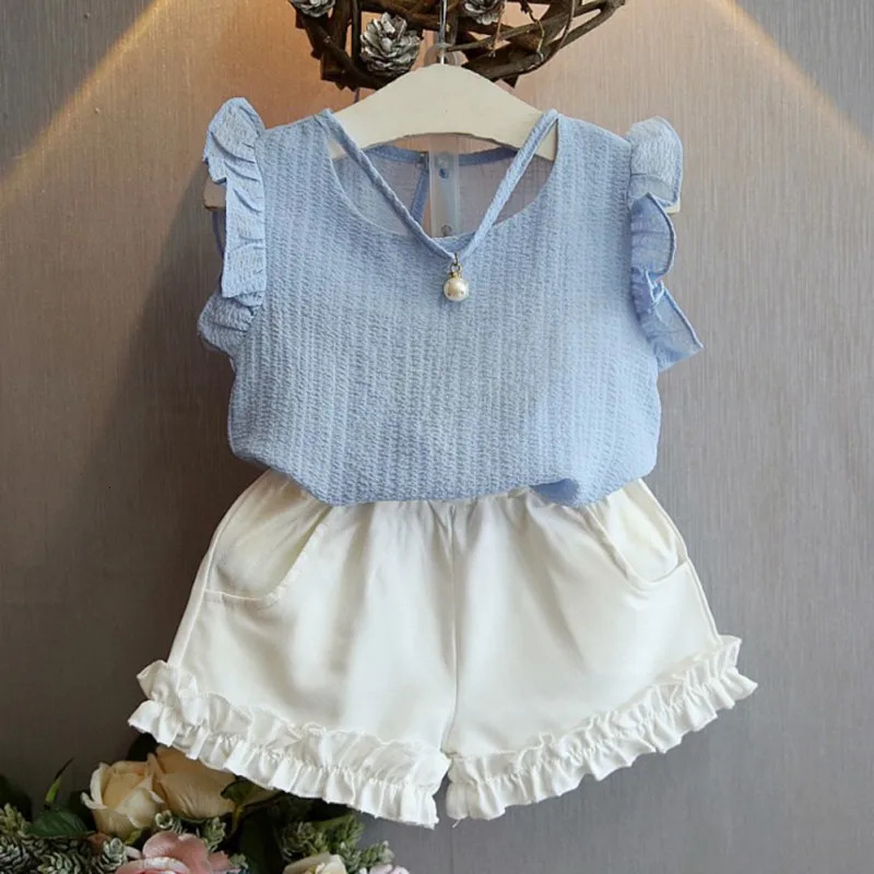 Girls Chiffon T-Shirt Shorts Set Summer Pearl Sleeveless Top Solid Shorts Stylish Cute Clothes 3-8 Years ChildrenS Wear Set 250325