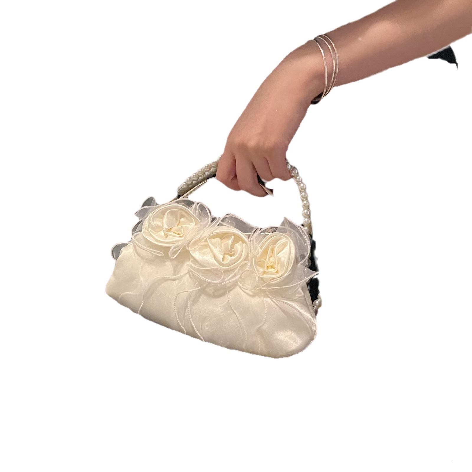 Designer 2025S pearl flower fairy mesh handbag women gentle style shoulder crossbody sweet and fresh small bag