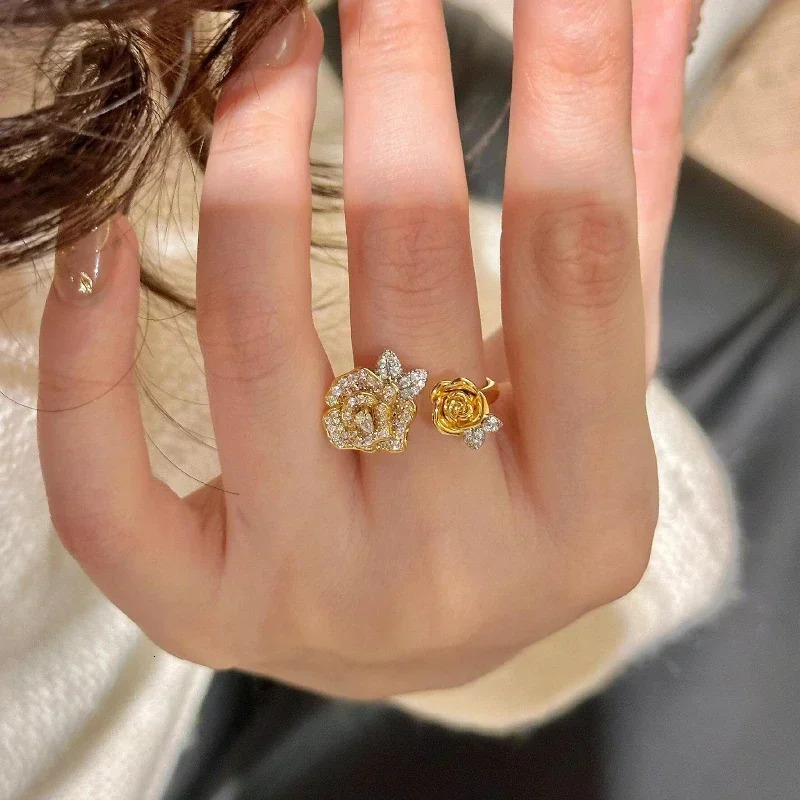 Romantic Sparkling Yellow Rose Jewelry Set Wedding Engagement Ring Inlaid Diamond Bracelet Necklace 250326