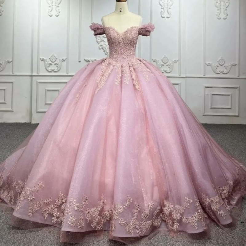 Glittering Pink Sweetheart Quinceanera Dress Off The Shoulder Party Party Dress Lace Applique Beads Sweet 16 Princess Vestidos De 15 Anos
