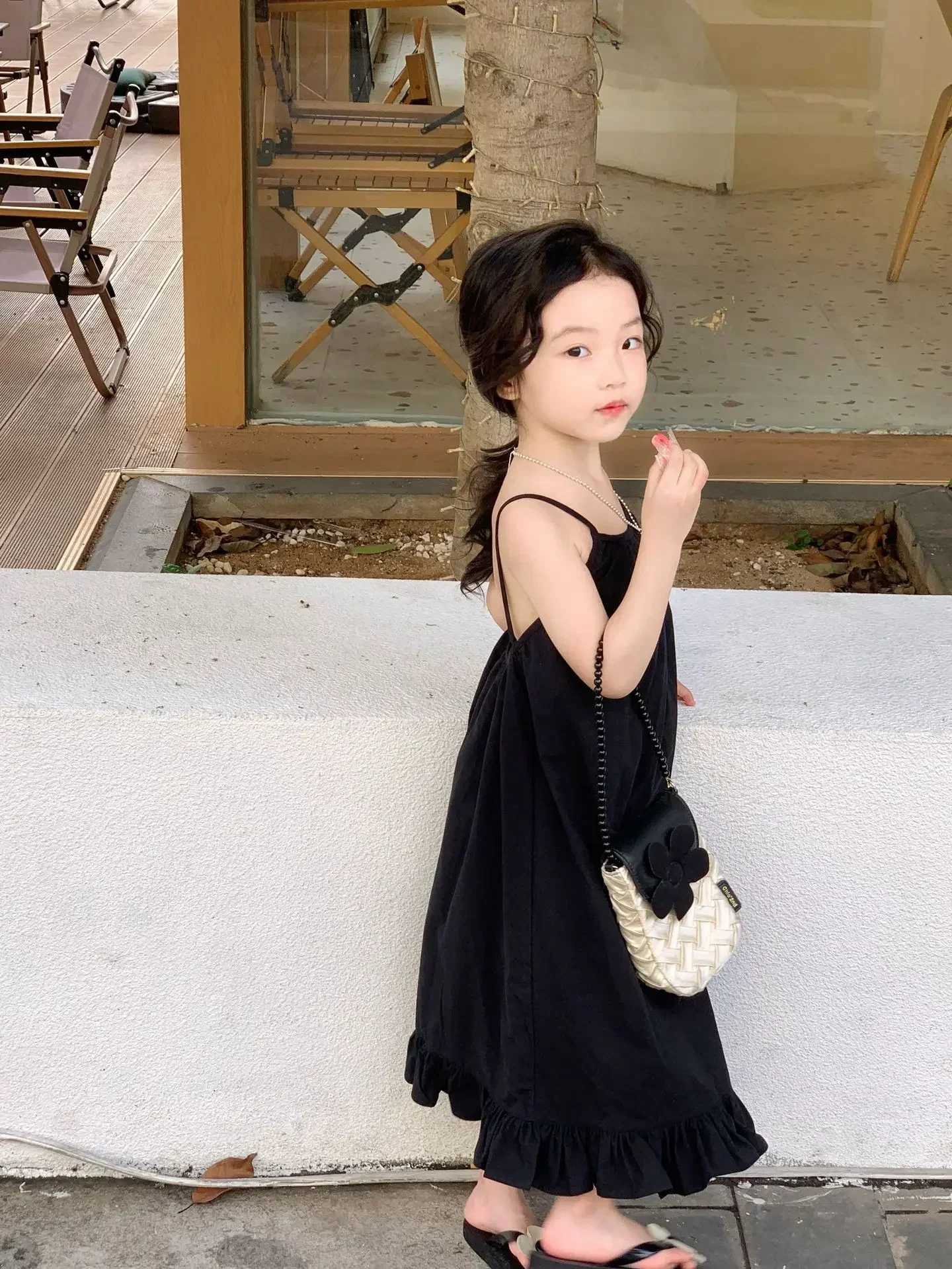 Girls dress Korean 2024 summer new solid color sun dress vacation backless sexy spicy girl baby fashion childrens summer clothing W250326