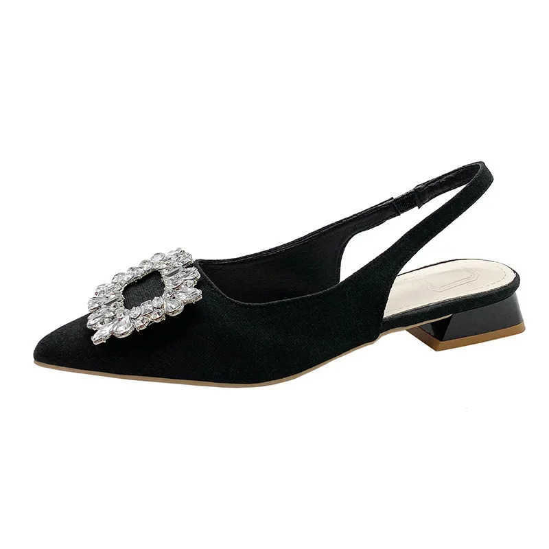 Large Size Wens Shoes French Sle Baotou Sandals Wens New Small Heel Low Heel Shoes Rhinestone Pointed Single Shoes Z250326