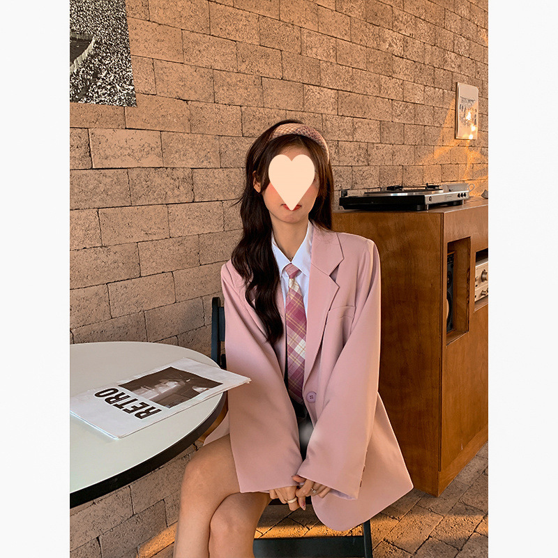 K3252Elegant Pink Loose Fit Women's Suit Jacket - Perfect for Students in Spring and Autumn Season