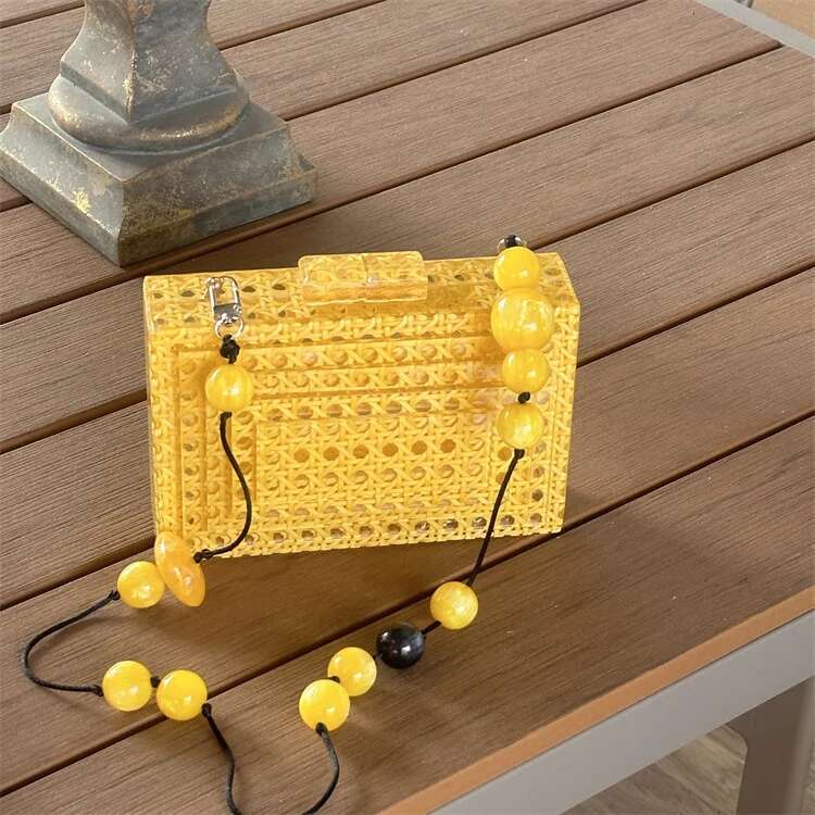 Women Square Cane Bag Rattan Acrylic Clutch Bag For Party Purse Summer Beach Wicker Handbag Designer 2024 New