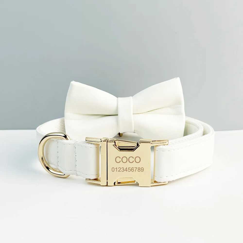 Customized white leather dog collar and leash set for dogs with carved names pet supplies dog leash PU01 X250326