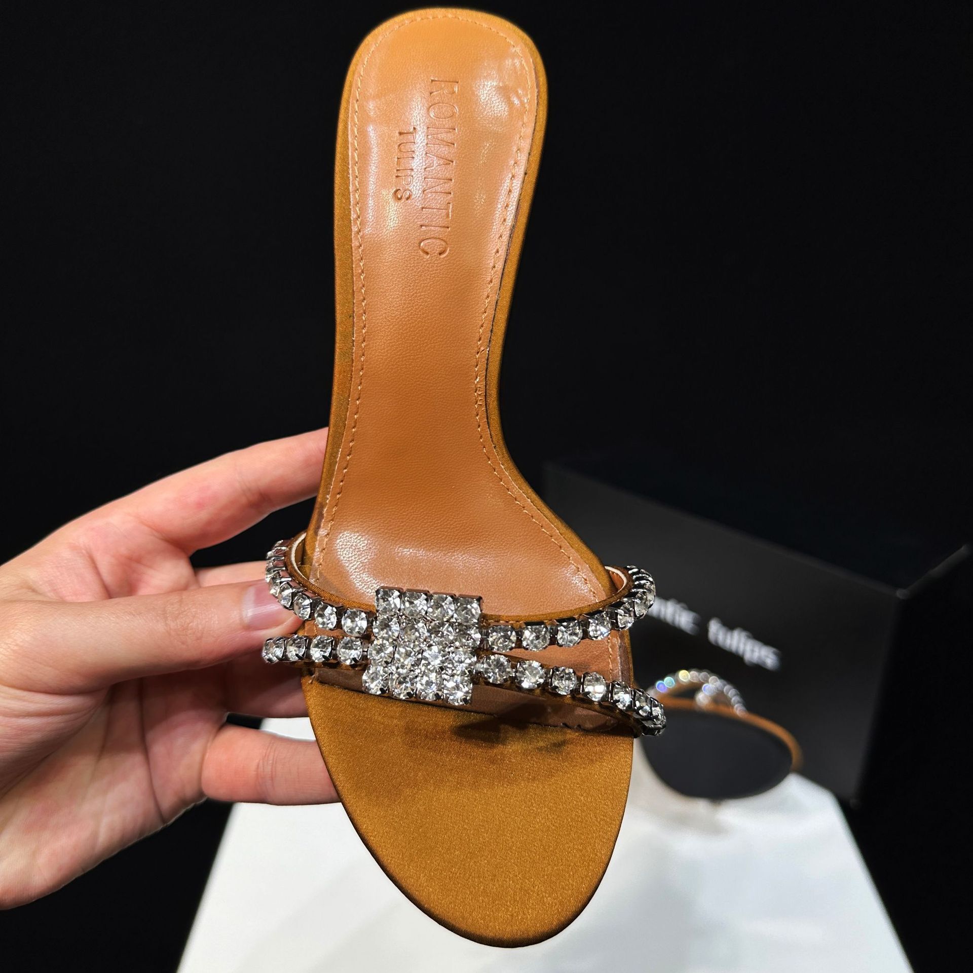25 new style French elegant sparkling diamond pointed open toe high-heeled shoes with crossed straight stripes and cool slippers made of silk