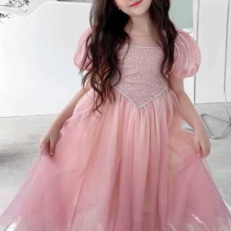 Summer girl princess dress with puff sleeves birthday dress with sequins sparkling costume performance costume big childrens costume W250326