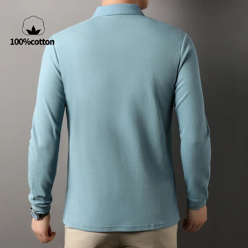 Durable 100 pure cotton mens polo shirt autumn casual long sleeved breathable lapel Tshirt 16 colors perfect for golf and sports 250326
