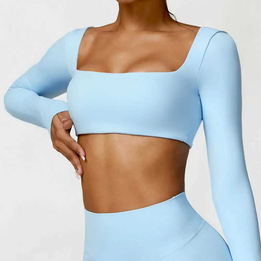 Womens quick drying breathable top seamless sexy square necklace elastic yoga long sleeved crop top gym running sportswear W250326