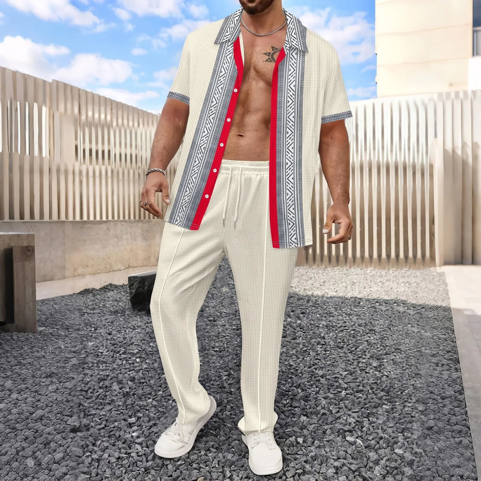 crossborder mens casual European and American waffle shirt short sleeved twopiece Trouser set sportswear for summer 2025 250326