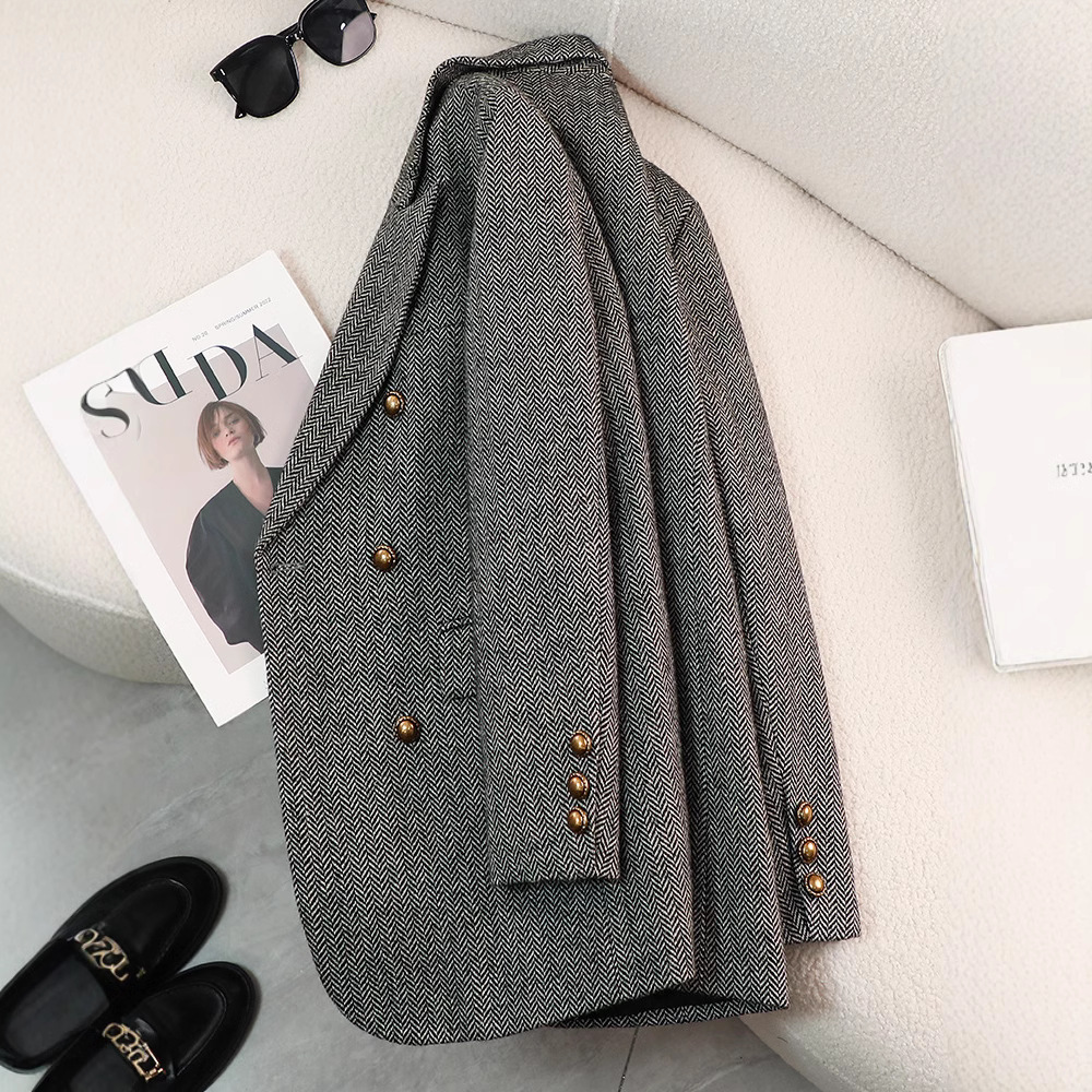 Wool jacket women 2024 new autumn and high-end temperament loose plus casual gray suit top for winter