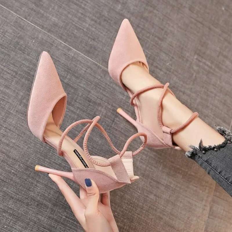 New 2025 Cross-strap Roman Suede High Heels Women's Shoes One-e Buckle Fine Heel Pointed Sandals atos De Mujer