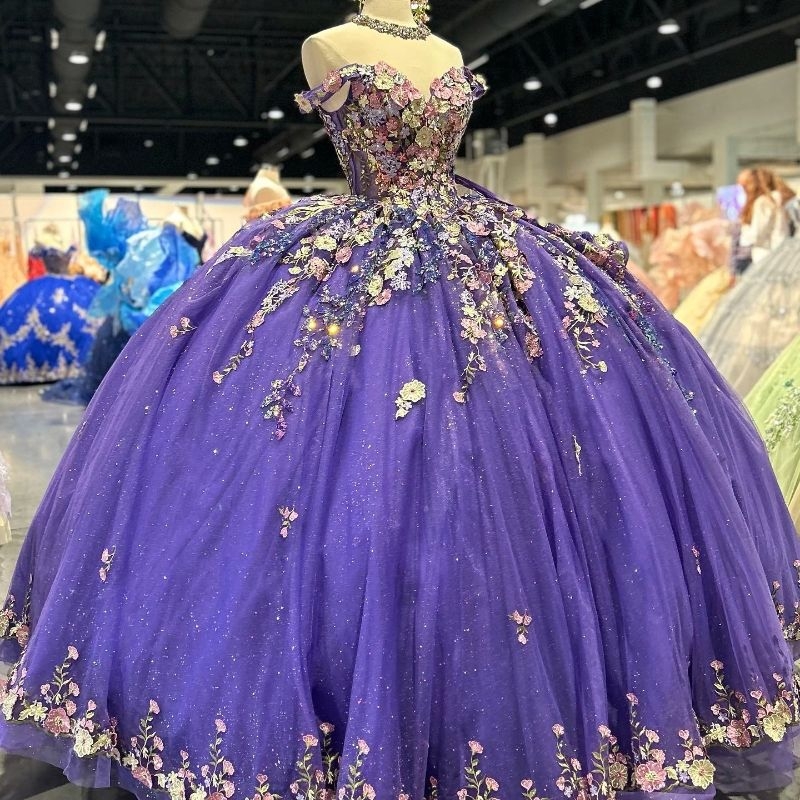 Purple Shiny Quinceanera Dresses Applique Lace Beads Tull Birthday Princess Formal Sweet 16 Ball Gowns Vestidos XV 15 De Anos