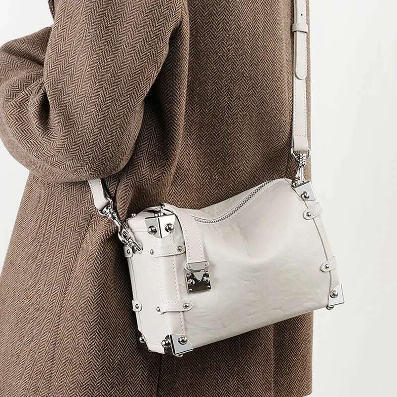 Women Genuine Rivet Handbags Female Square Soft Leather Box Shoulder Vintage Small Girls Crossbody Bag Bolsos