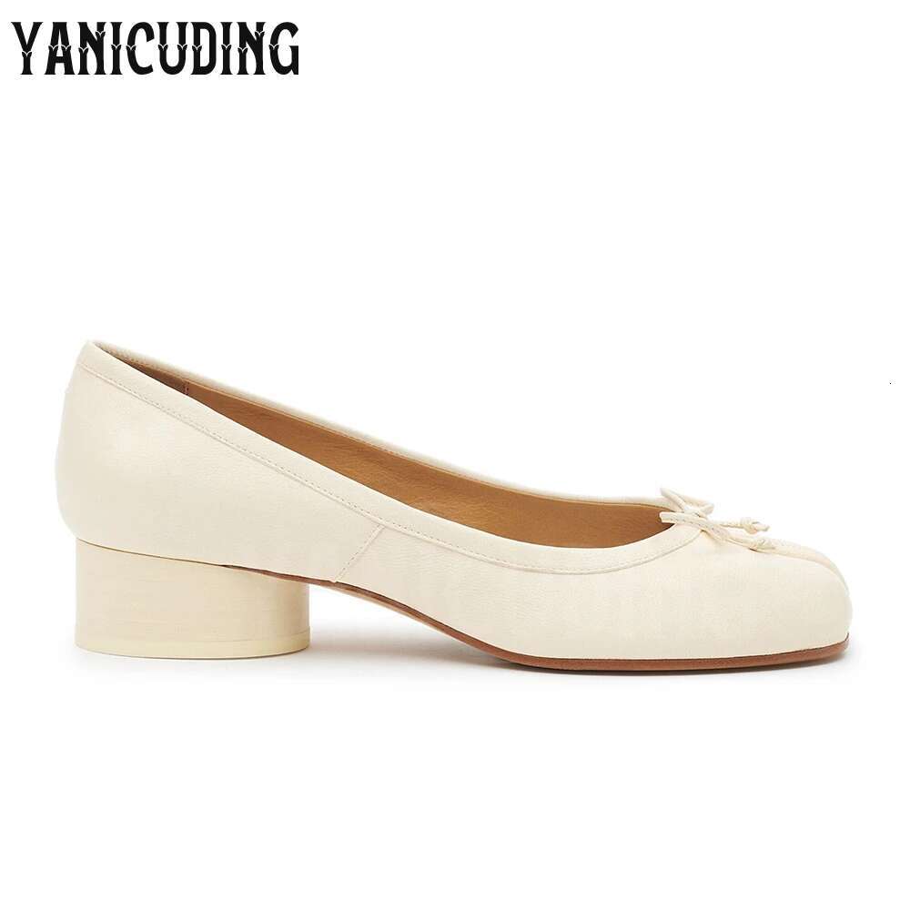 3cm Low Cydrical Heel Ballerina Pumps Tabi Slip-On Leather Shoes Bow Detaig Elegant Handmade Designer Footwear for Banqute