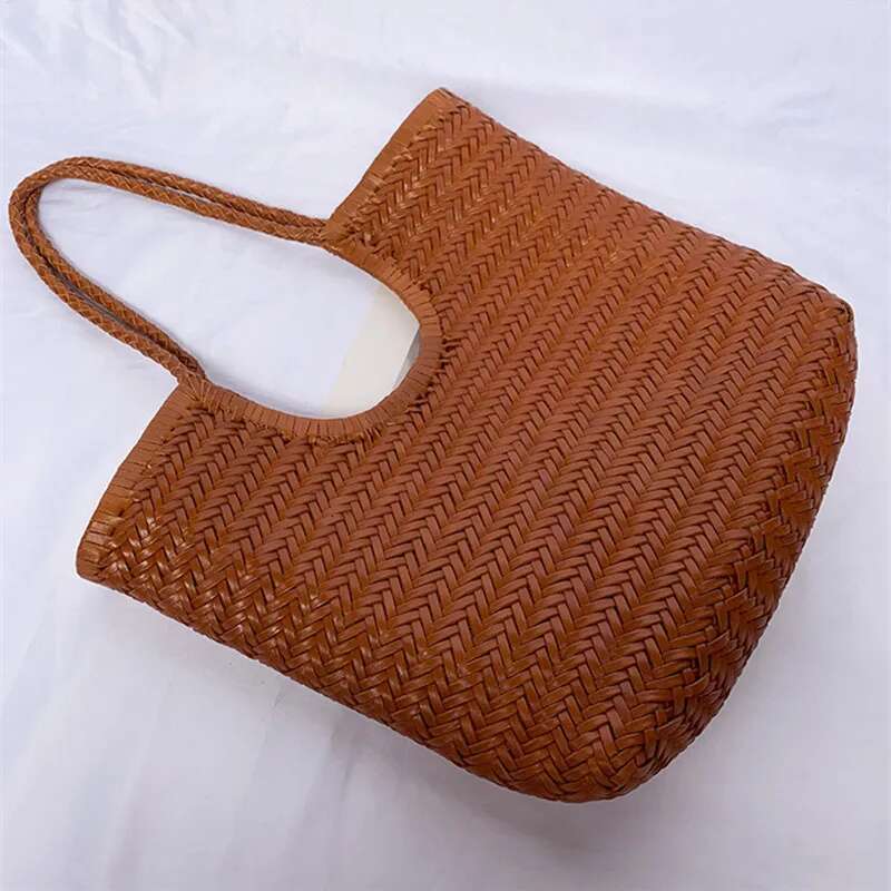 French Holiday Style Handmade Cowhide Weaving Casual Shopping Bag Vintage Big Tote Purse Cowhide Cross Hand Bags Lady