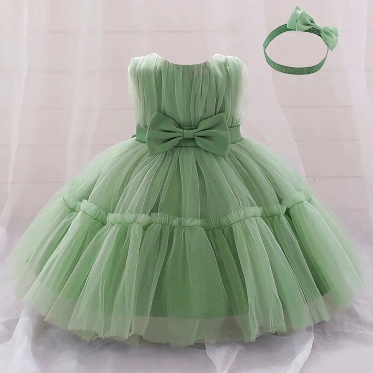 Baby Pleated Girl Princess Dress Outfit Infant White 1st Birthday Baptism Dress Toddler Bow Party Wedding Prom Gown Baby Clothes 250325