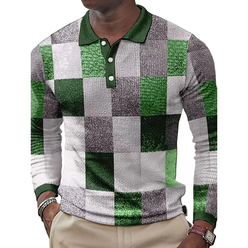 Mens polo shirt plain weave retro printed street fashion lapel long sleeved top outdoor sports button golf clothing mens Tshirt 250326