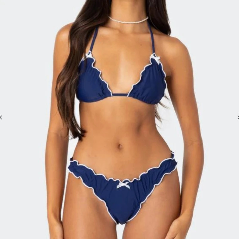 Yiiciovy Solid Color Bikini Sets Push Up Swimwear Womens Lettuce Trim Halter Bandage Bathing Suit Outfits for Beach Pool 250324