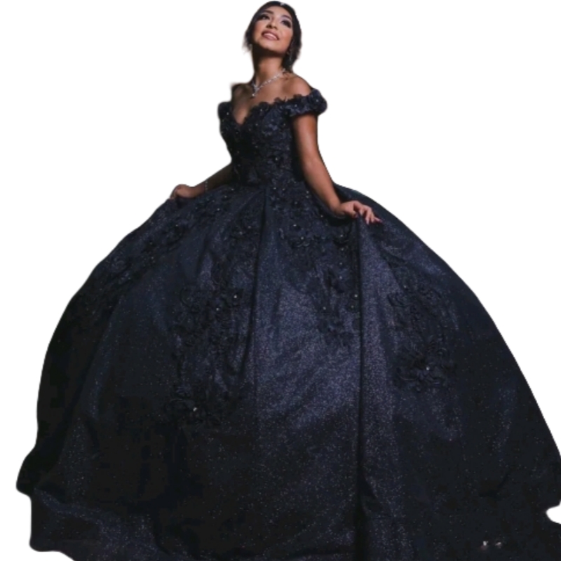 Glitter Black Quinceanera Dresses 3D Floral Appliques Long Princess Birthday Party Ball Gown Straps Off Shoulder Elegant Flower Prom Dress