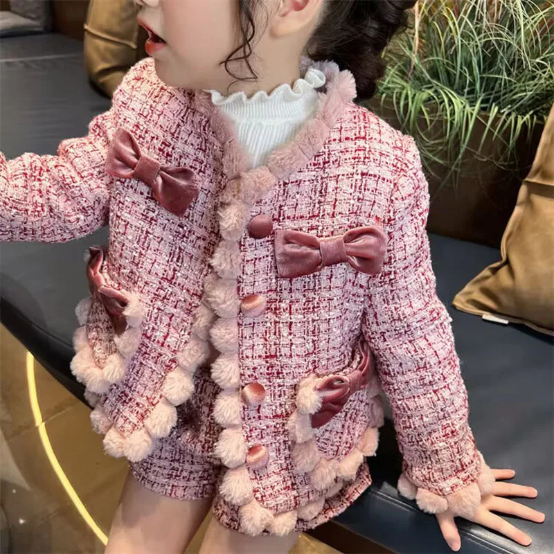 Adorable Pompom Baby Girls Tweed Coat and Shorts Soft Warm Autumn Winter Kids Clothing Set Teens Outfits for 2-7Years 250325