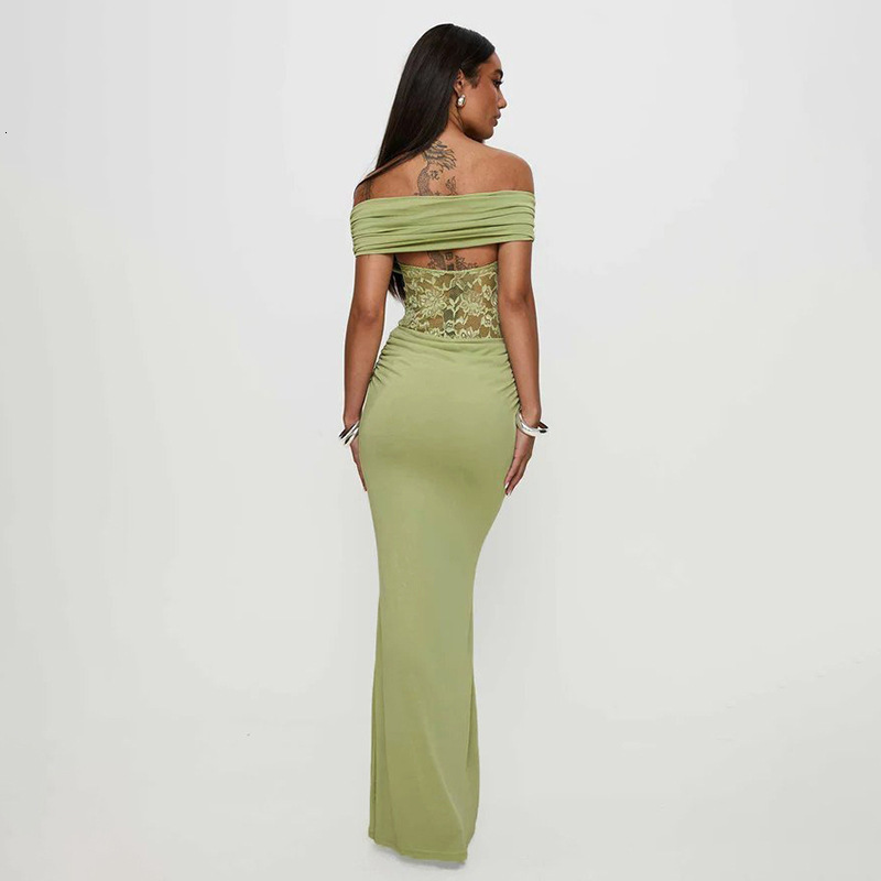 2025S Fashion Designer G DS Women S Spring Summer New One Shoulder Solid Color Splicing Lace Slimming Bag Hip Long Dress
