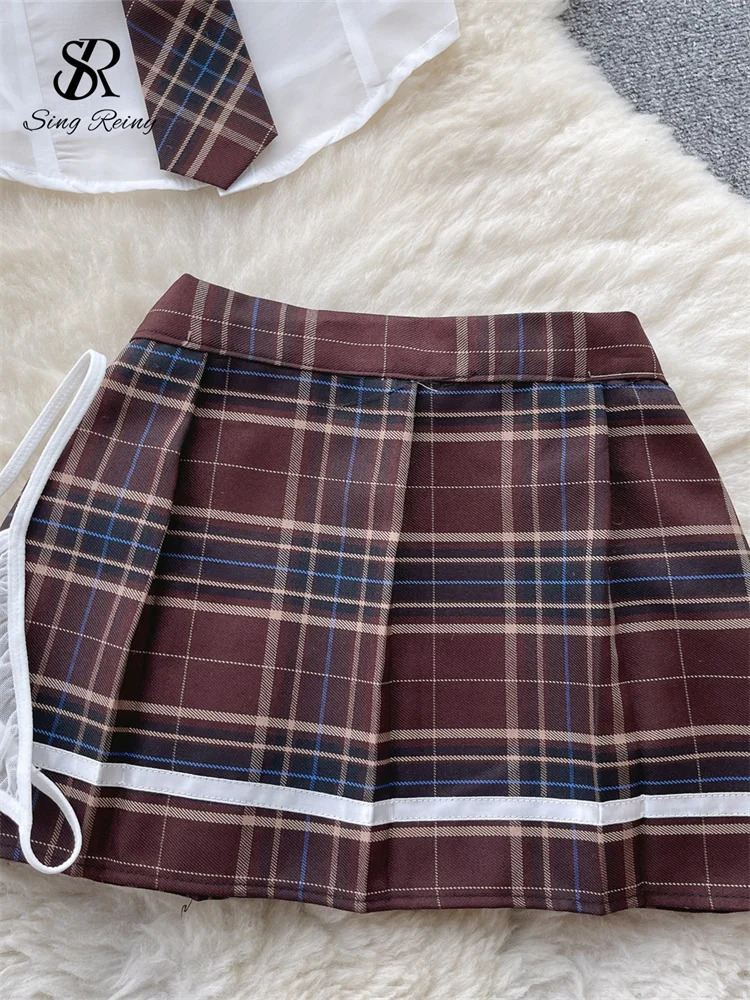 Singreiny Plaid JK Uniform Sex Set Underwear Womens Short Sleeve ShirtWrinkle Tight Clothes Role Playing Transparent Sexy 250318