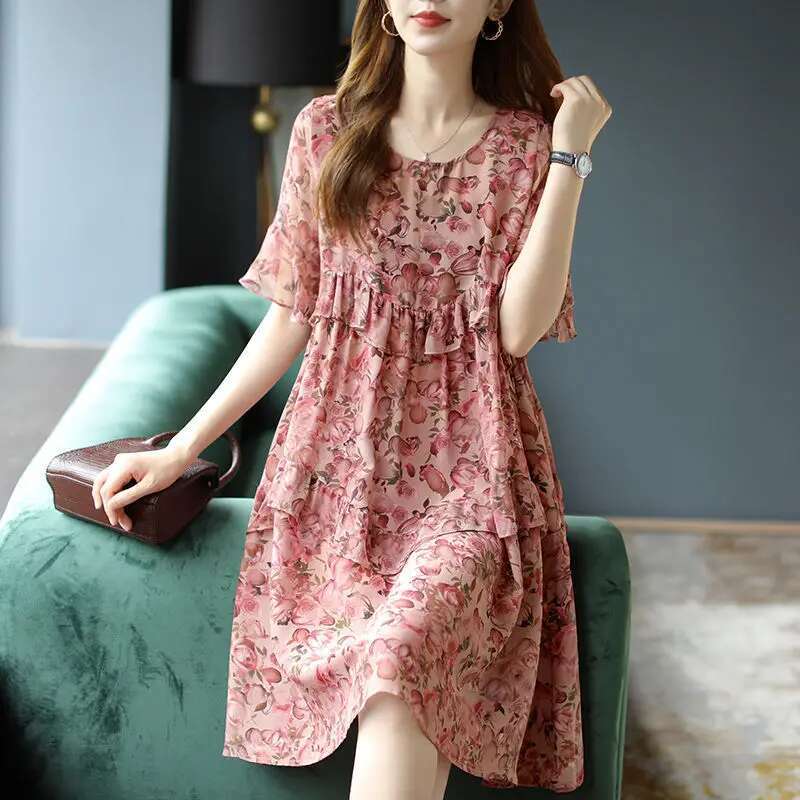 Elegant O-Neck Spliced Loose Ruffles Flare Sleeve ral Women's Clothing 2024 Summer New All-match Casual Midi Dress