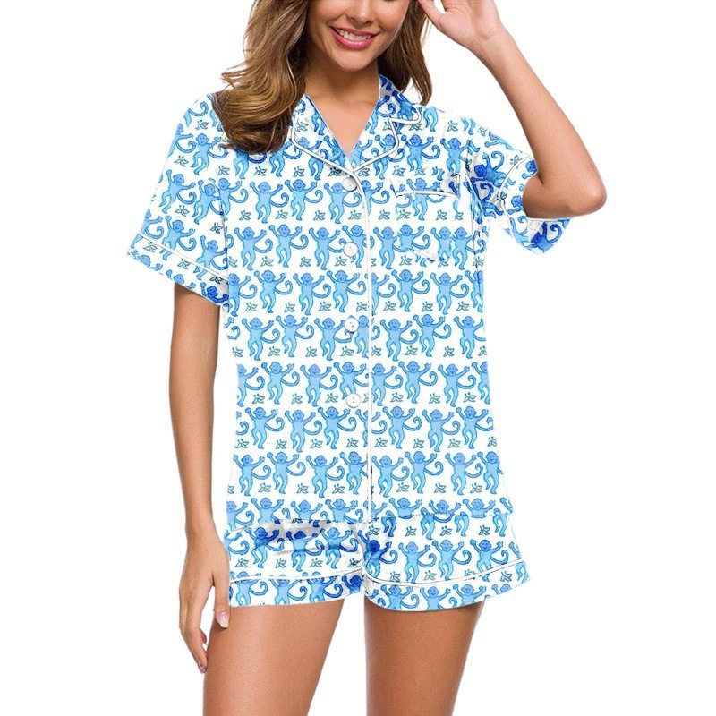 2025 Summer Home Clothes Monkey Printed Polo Casual Set Pajamas for Women