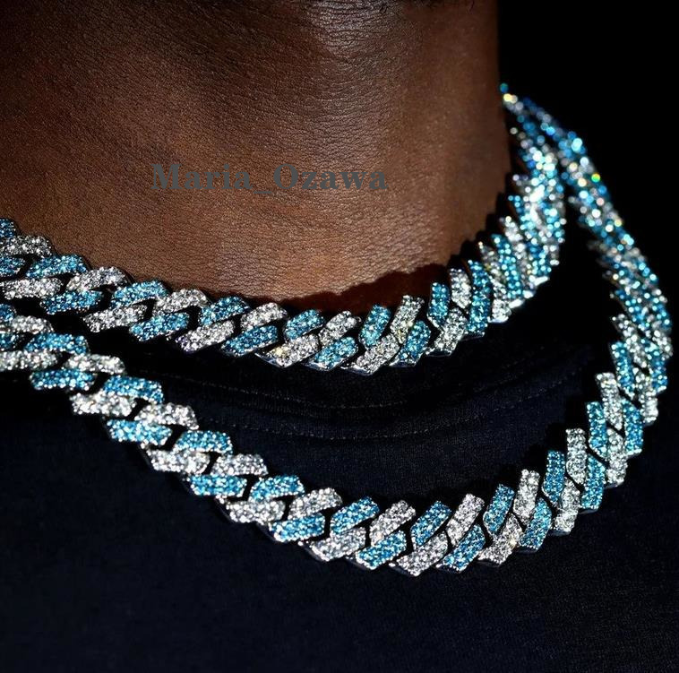 Mens Cuban Chain Rapper Jewelry Iced Out 925 Silver Blue White Color 14mm Moissanite Diamond Cuban Necklace