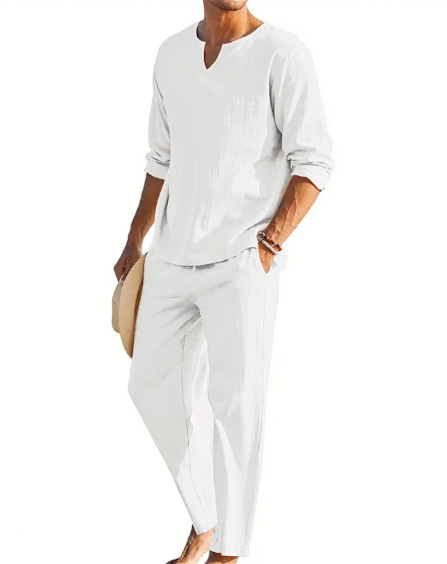 Spring and autumn explosive mens solid color Vneck shirt pants trend casual sports fashion set 250326