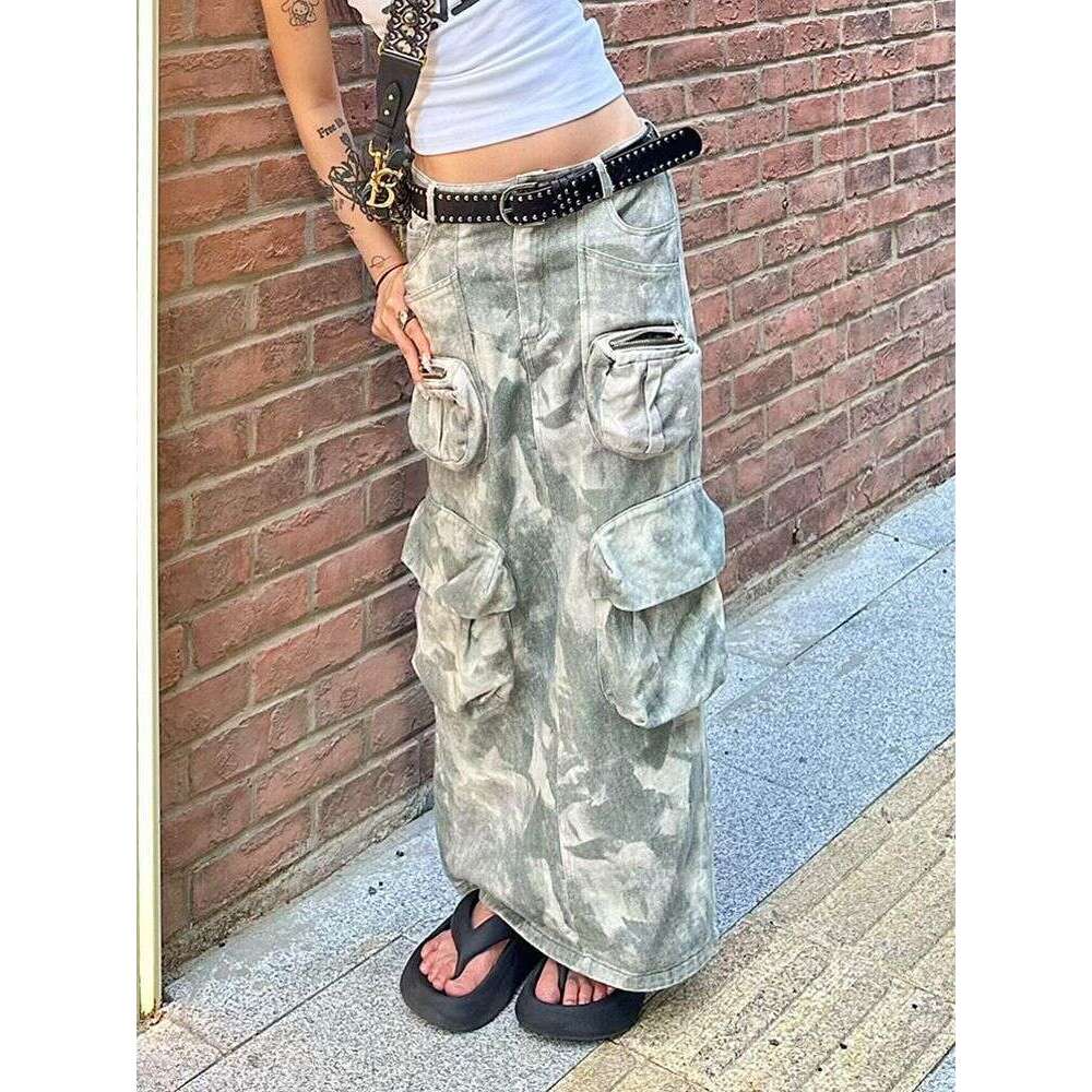 American Plus Size Multi Pocket Camouflage Workwear For Children's Autumn And Winter New Y2k Millennium Style Spicy Girl Slimming Denim Skirt