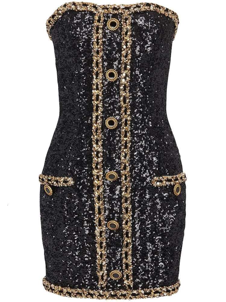 HIGH STREET Newest 2024 Designer Runway Fashion Women's Gold Chains Sequined Strapless Sheath Tube Dress