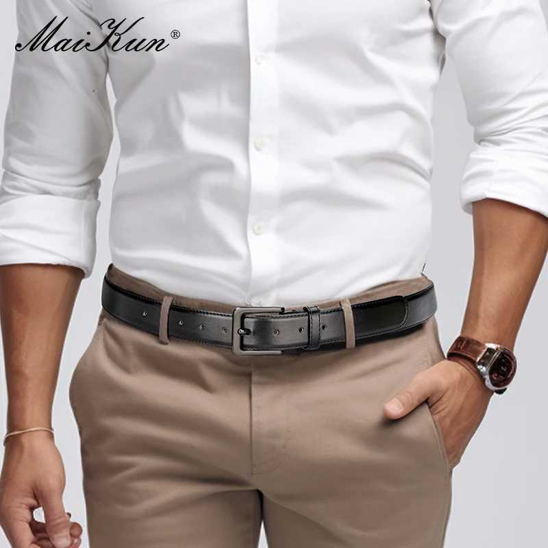 Maikun mens black leather strap suitable for Trousers classic black alloy pin buckle business two-layer leather strap W250326