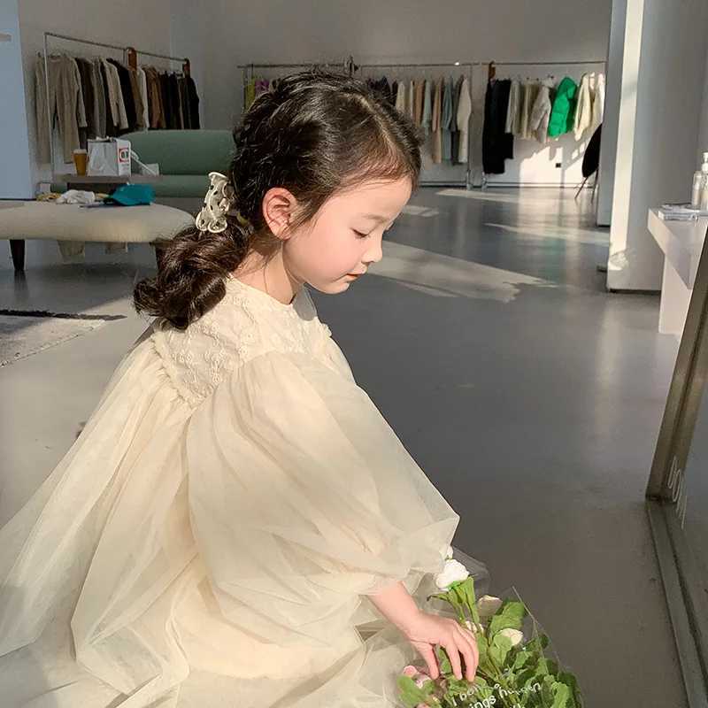 2023 Korean Chiffon Girl Baby Fairy Embroidery Solid Color Lace Dress Childrens Princess Mesh Cotton Dress W250326