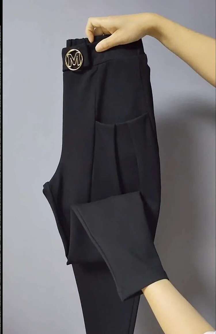 Autumn Casual Pocket Black High Oversized Trousers Women's Vintage Solid Color Elastic Waist Harem Ladies Pants