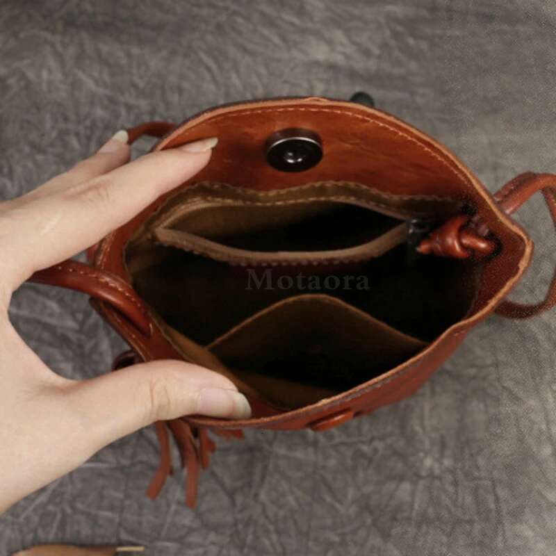 MOTAORA New Small Cowhide Women Shoulder Casual Tassel Bucket Handbag Mini Genuine Leather Mobile Phone Crossbody Bag Purse