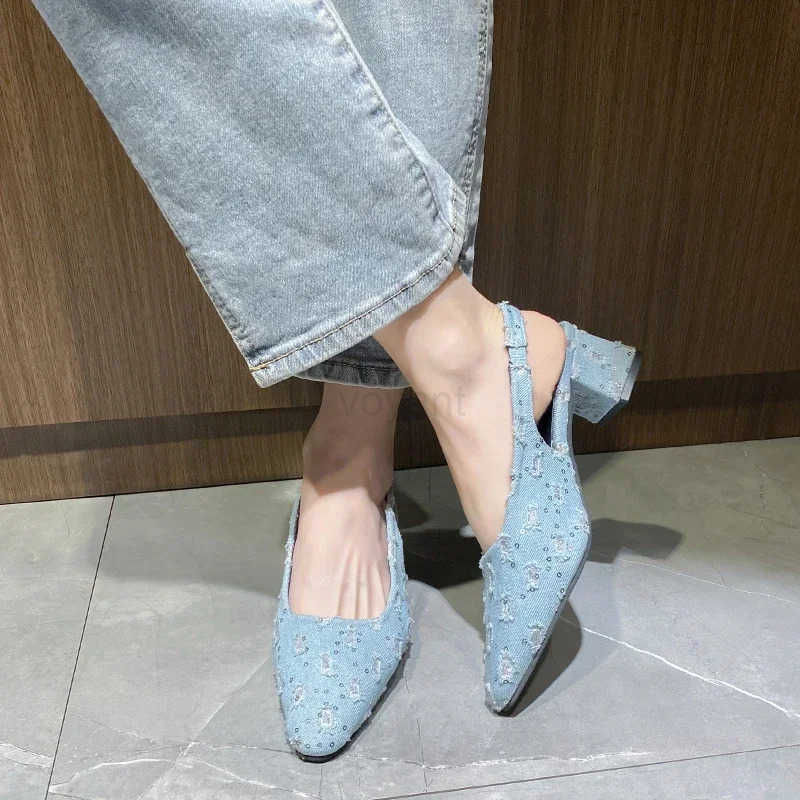 Wen Sea Salt Blue Pointed High Heel Shoes Summer Wan Back Hollow Half ed Single Pumps Fashion Versatile Casual Sandals Z250326